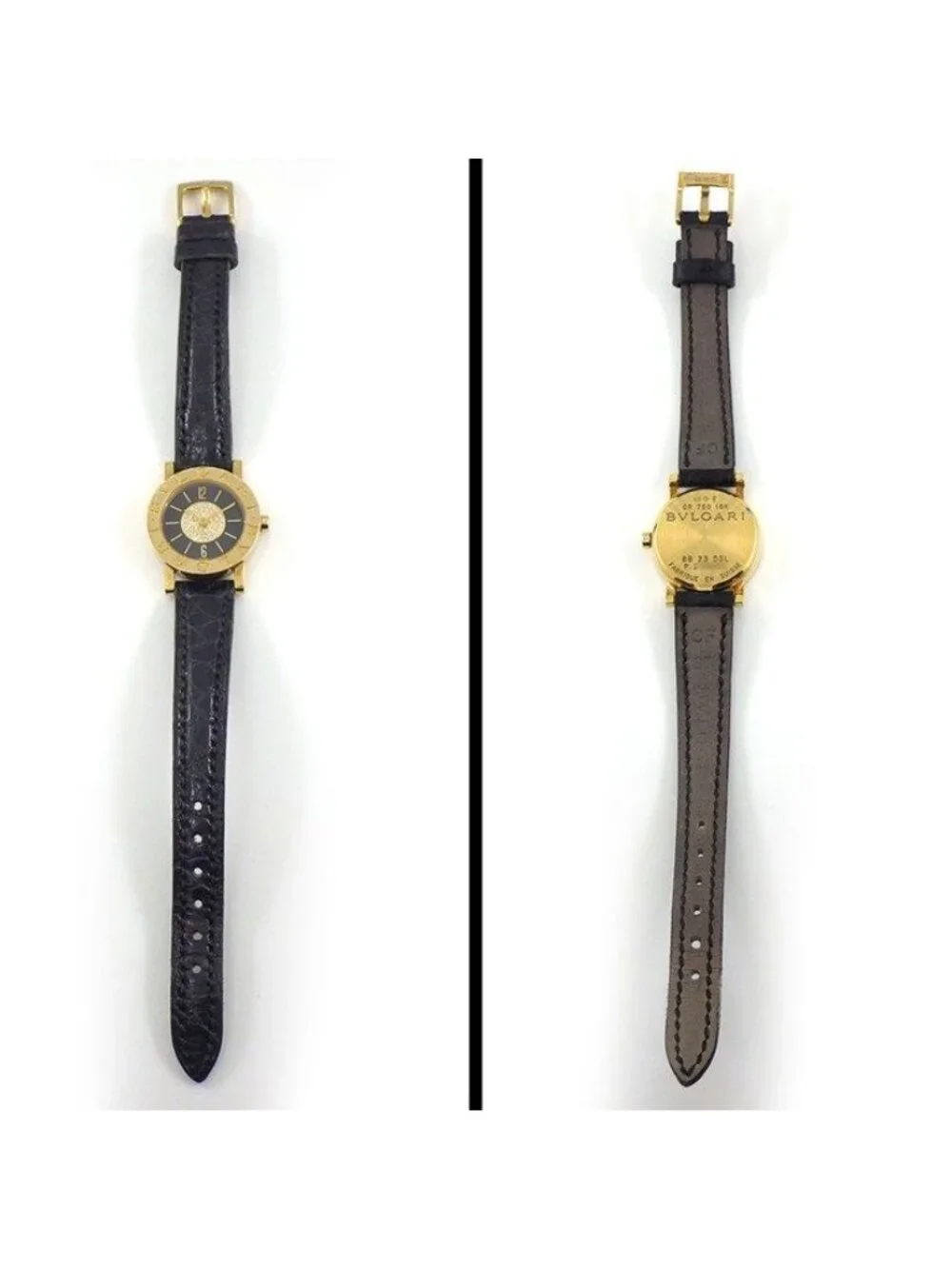 Bvlgari Watch Black Dial Leather Strap Pave Diamond 18k Yellow Gold SS Quartz